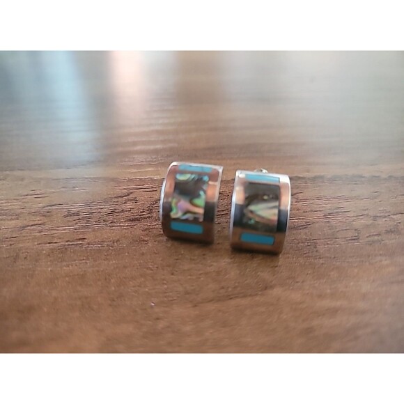 Vintage Sterling Silver Earrings Hoop Pierced Turquoise Abalone Inlay - Picture 7 of 12